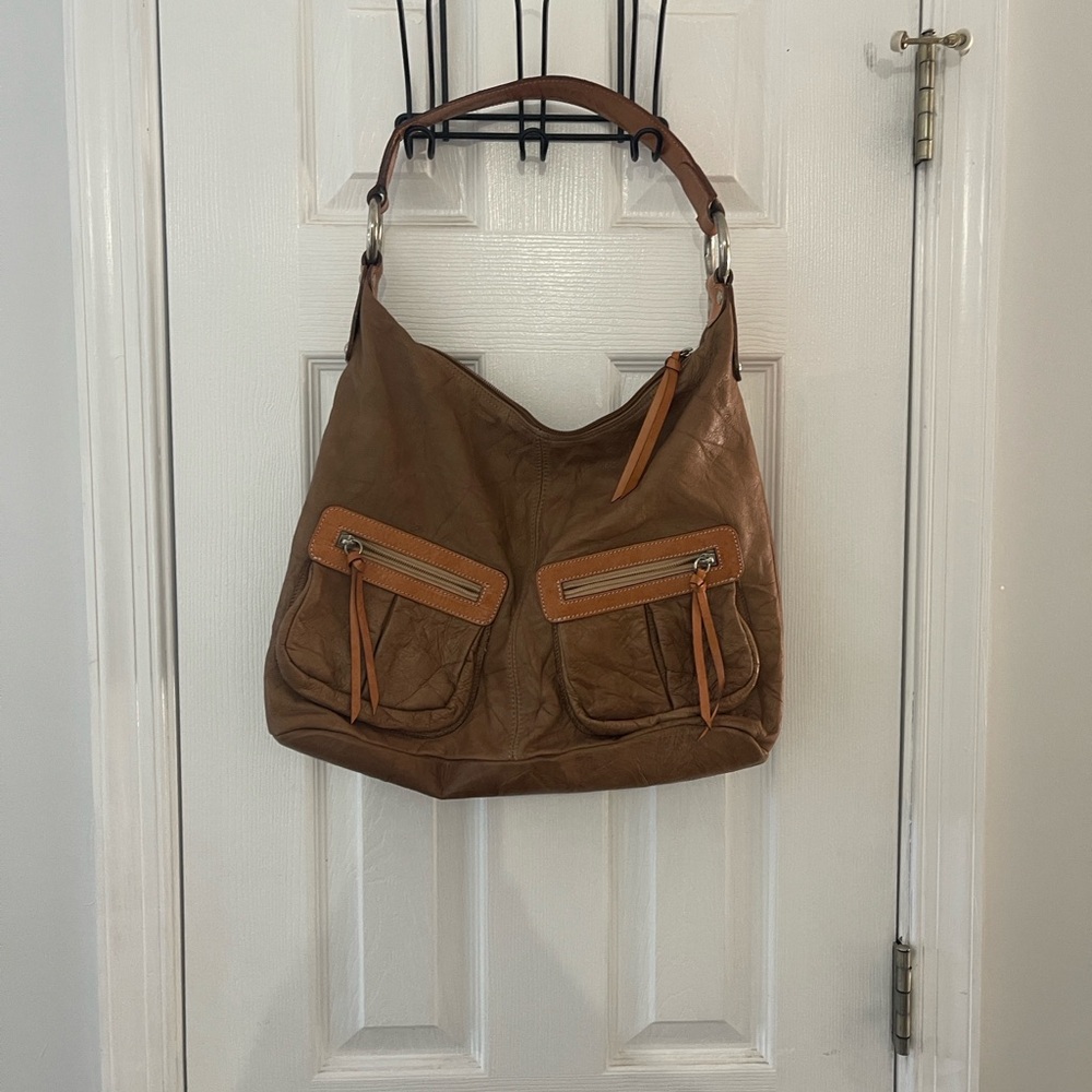 Brown Leather Hobo Bag with Front Zip Pockets